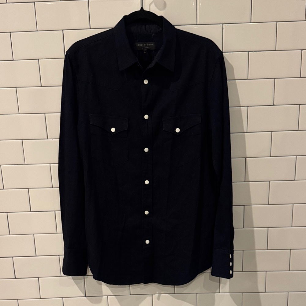 rag & bone Men's Dark Navy Pearl Snap Shirt - Medium